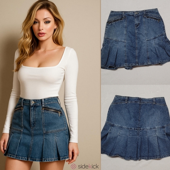 Vintage Dresses & Skirts - Vintage 90s Carolina Blues High Waist Stretchy Mid Wash Pleated Micro Mini Skirt